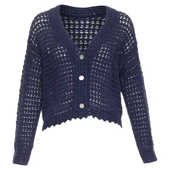 VINCE navy organic cotton crochet open knit scalloped cropped cardigan S - Picture 1 of 8